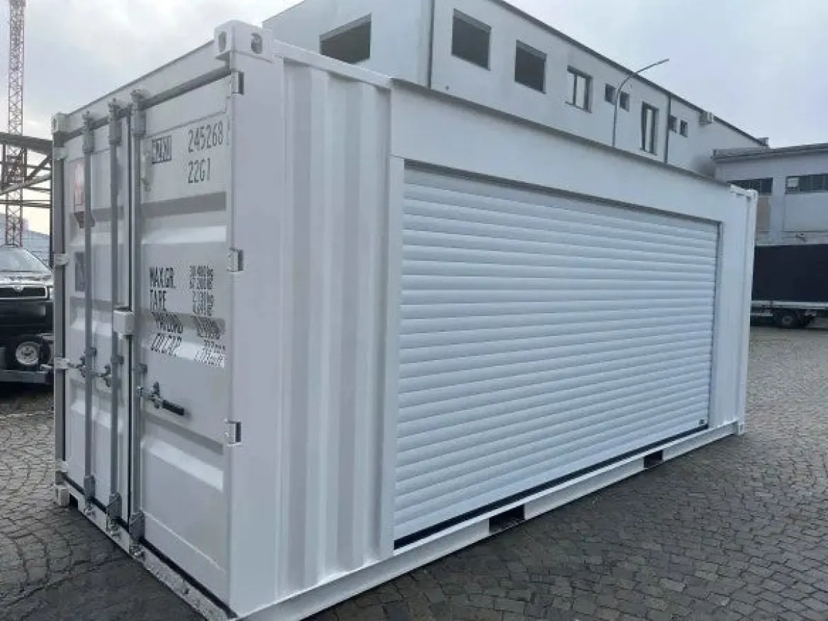 20' modified container with side roller shutter, RAL 9010 white