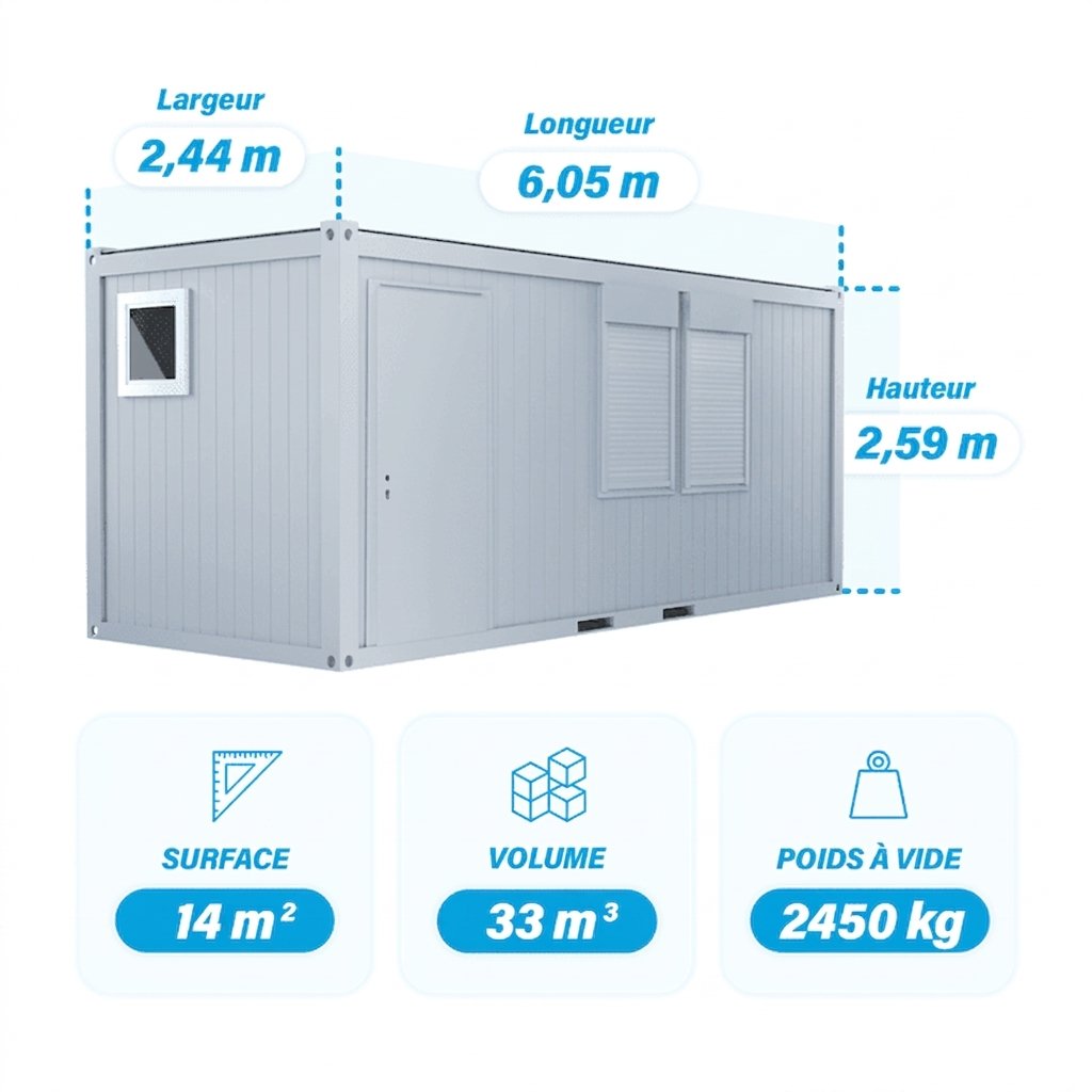 Bureau modulaire 20 pieds + sanitaires (1 porte, 2 fenêtres, 1 WC, 1 lavabo, 1 vasistas, isolation PU)